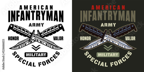 Two crossed combat knives vector vintage emblem, label, badge or logo illustration in two styles black on white and colorful on dark background