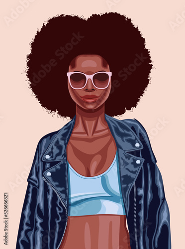 Half body portrait of young African American woman with sunglasses, light blue shirt and black leather jacket. 