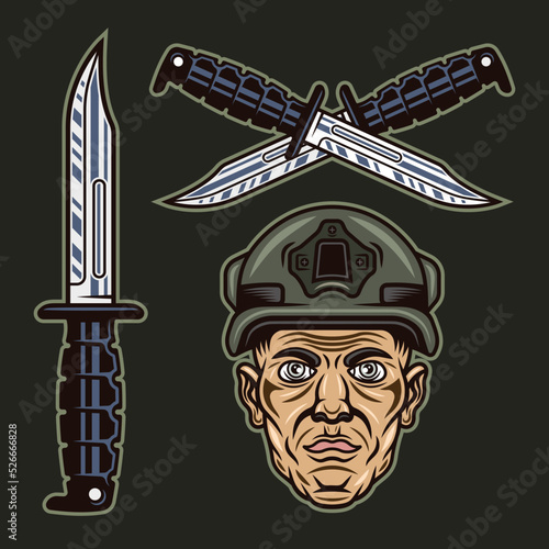 Soldier head, infantryman and combat knives set of vector objects or design elements in colored style isolated on dark background
