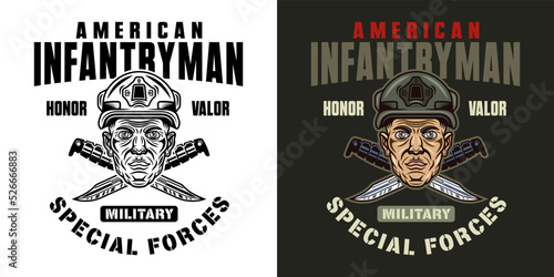 American infantryman vector vintage emblem, label, badge or logo with soldier head in helmet illustration in two styles black on white and colorful on dark background