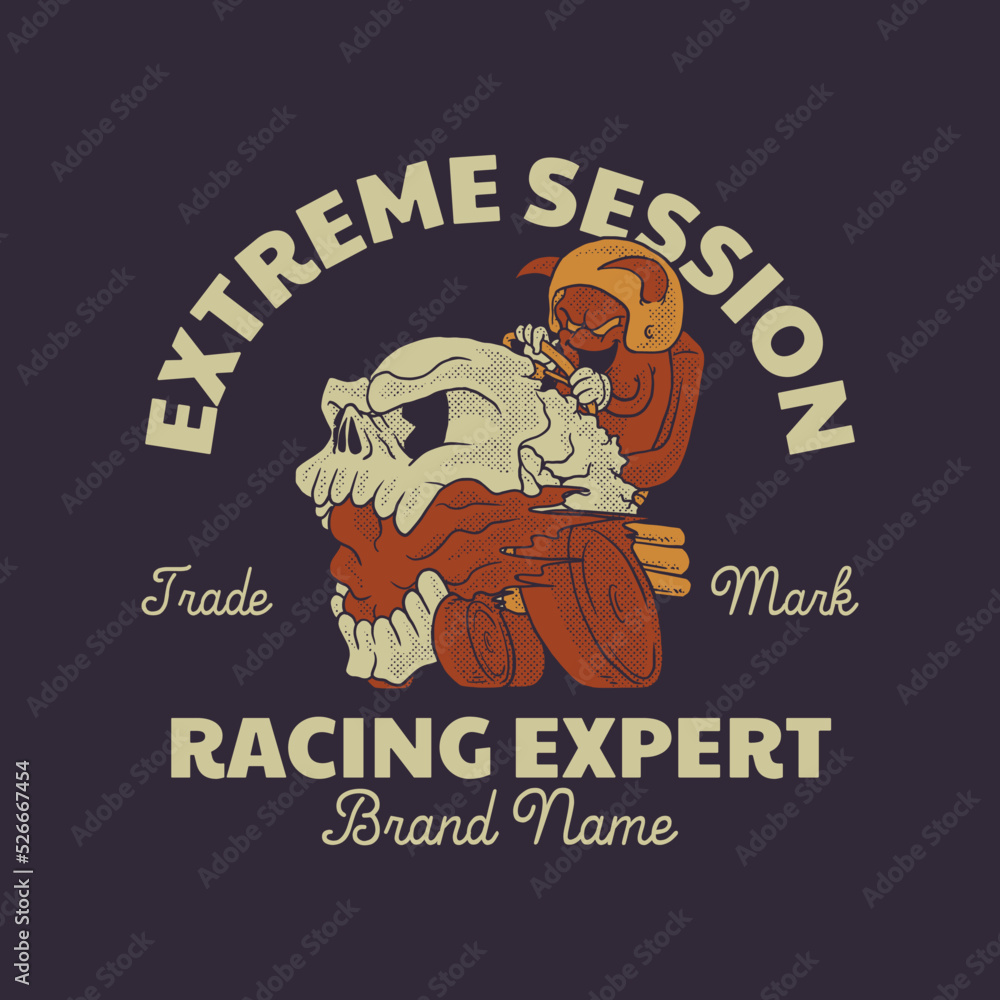Fototapeta premium Cartoon emblem of skull car racing mascot with retro style