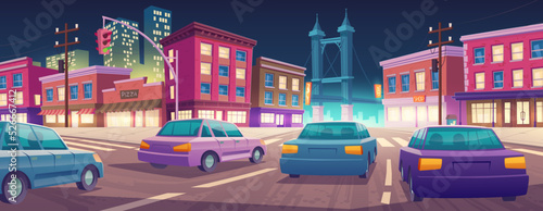 Cars driving night city street, cartoon illustration. Vector design of autos riding road in illuminated megalopolis with buildings, skyscrapers and bridge against dark sky background. Urban traffic