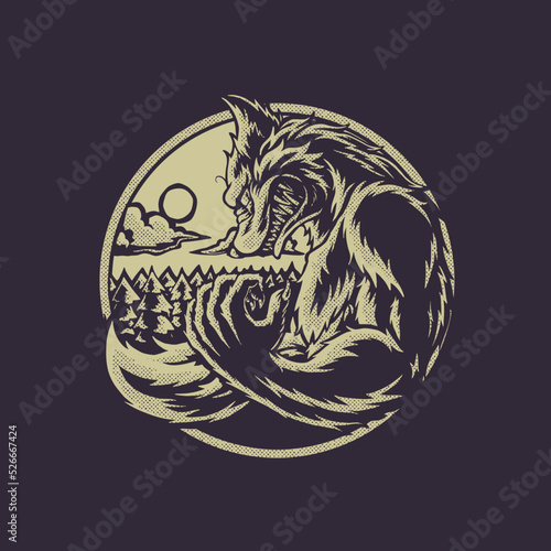 retro cartoon werewolf in the forest emblem