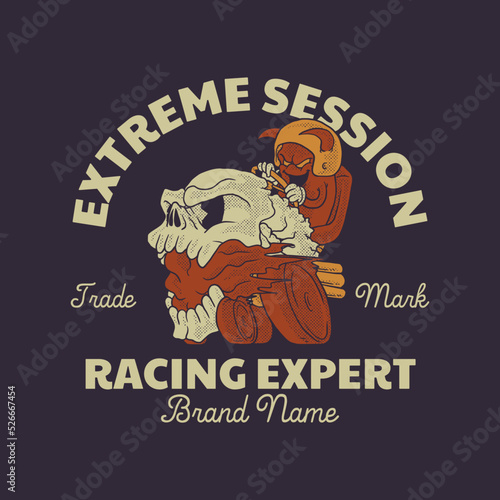 Cartoon emblem of skull car racing mascot with retro style