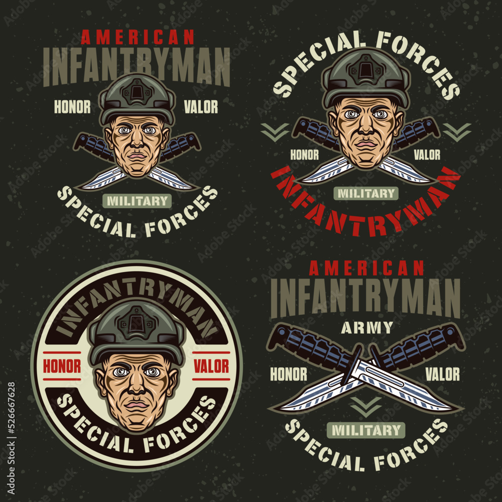 American infantryman set of vector vintage military emblems, labels, badges or logos with soldier head in helmet and combat knives. Illustration in colorful cartoon style on dark background