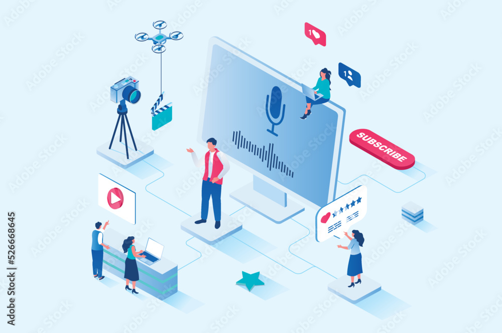 Blogging 3d isometric web design. People watch videos and subscribe to digital content, blogger recording and publishes videos on his channel, communicates with audience. Vector web illustration Blogging 3d isometric web design. People watch videos and subscribe to digital content, blogger recording and publishes videos on his channel, communicates with audience. Vector web illustration