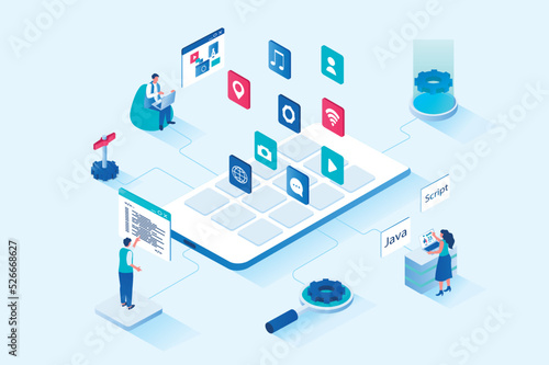 App development 3d isometric web design. People create user interface template, place application buttons on screen, work with codes and program software for different devices. Vector web illustration
