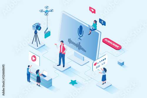 Blogging 3d isometric web design. People watch videos and subscribe to digital content, blogger recording and publishes videos on his channel, communicates with audience. Vector web illustration