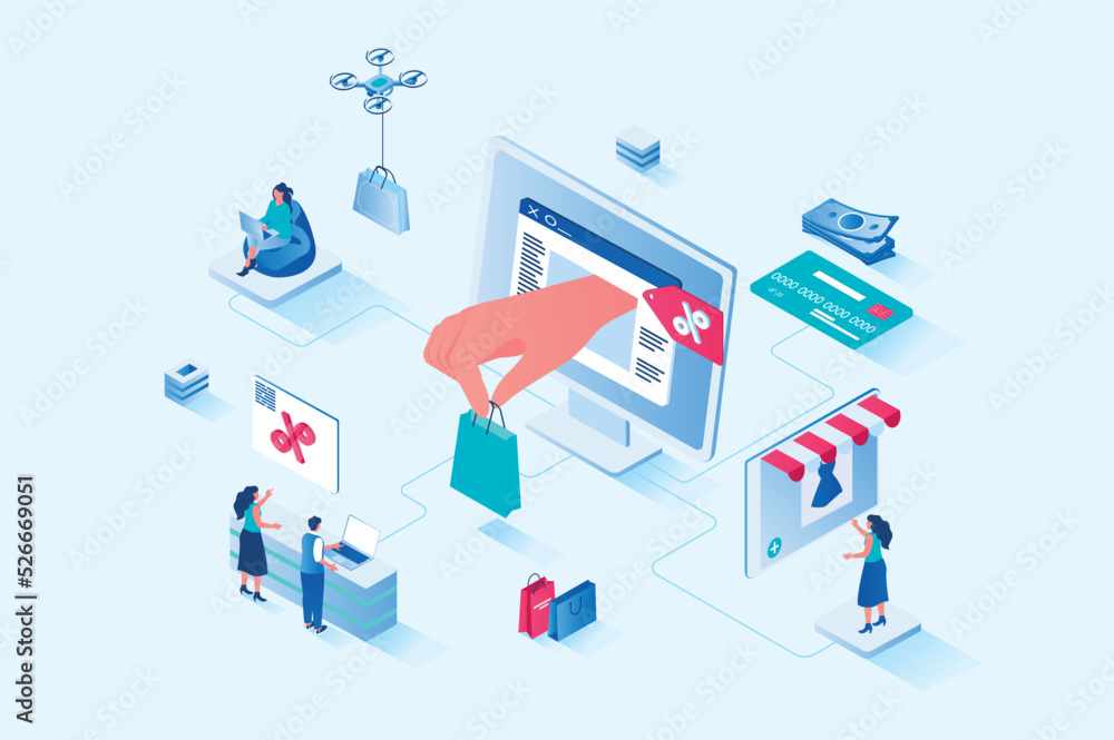 Discount of goods 3d isometric web design. People buy new products at best prices and offers at seasonal sales in online stores, ordering and paying for smart purchases. Vector web illustration
