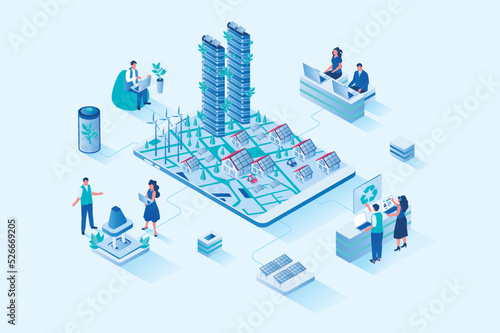 Green city 3d isometric web design. People use alternative energy sources and eco-friendly infrastructure, solar panels and windmills working near houses and skyscrapers. Vector web illustration