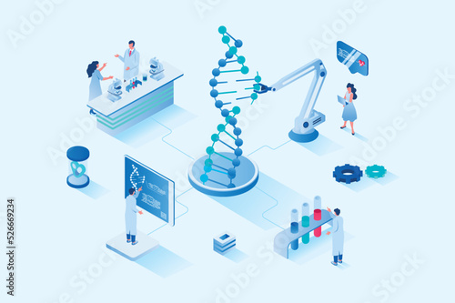 Medical laboratory 3d isometric web design. People scientists explore molecular structure of dna on modern laboratory equipment, researchers do tests and chemical experiments. Vector web illustration