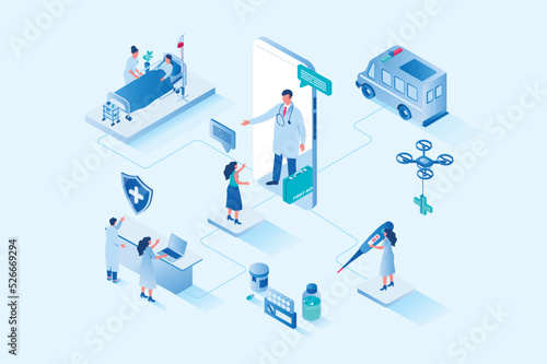 Medicine 3d isometric web design. People receive online consultation with doctor, make appointment at clinic reception, receive therapy in ward, treatment and healthcare. Vector web illustration