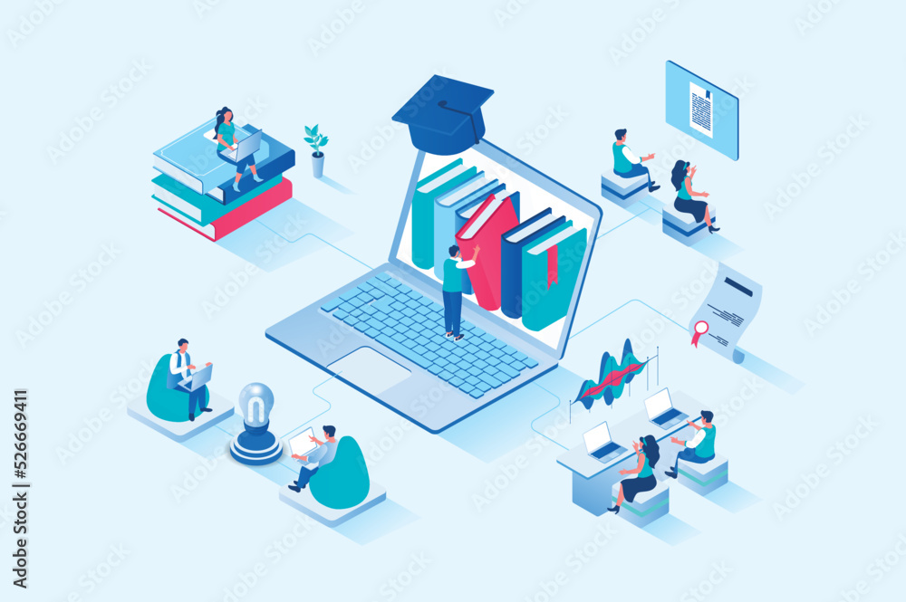 Online studying 3d isometric web design. People read books and study textbooks, improve skills and knowledge, study at university or take courses, graduate online schools. Vector web illustration - obrazy, fototapety, plakaty 