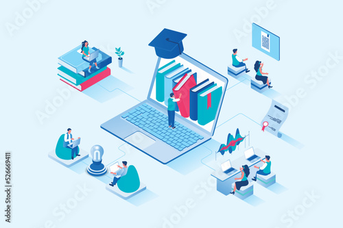 Online studying 3d isometric web design. People read books and study textbooks, improve skills and knowledge, study at university or take courses, graduate online schools. Vector web illustration