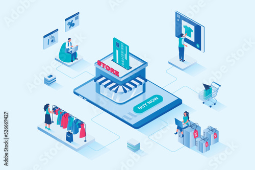 Online shopping 3d isometric web design. People choose new products at best prices with discounts on store pages, making purchases, use online payment and home delivery. Vector web illustration