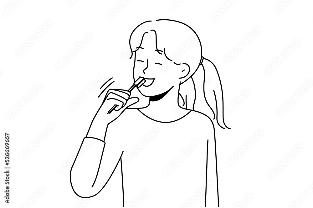 Smiling girl brushing teeth take care of oral hygiene. Happy child morning daily routine clean tooth. Healthcare and childcare. Vector illustration. Smiling girl brushing teeth take care of oral hygiene. Happy child morning daily routine clean tooth. Healthcare and childcare. Vector illustration.