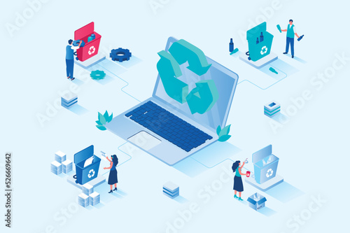 Waste management 3d isometric web design. People collect and sort garbage into bins for plastic, paper, glass, organic and other waste, recycle and reuse, protect environment. Vector web illustration