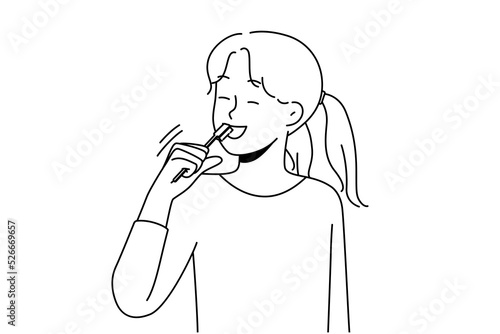 Smiling girl brushing teeth take care of oral hygiene. Happy child morning daily routine clean tooth. Healthcare and childcare. Vector illustration. 
