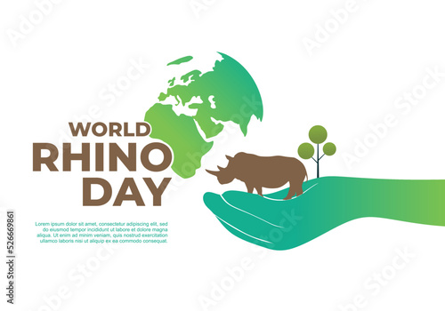 World rhino day background banner poster with world map and rhino on september 22.