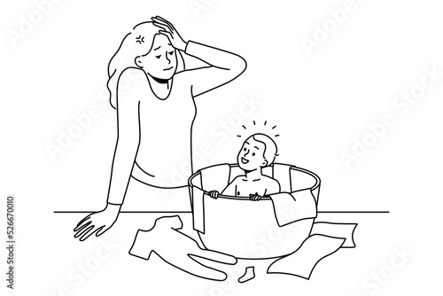 Stressed young woman feel tired with motherhood and small kid. Unhappy frustrated mother exhausted with toddler and parenthood. Vector illustration. 