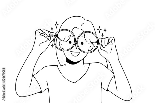 Smiling girl in big glasses for sight correction. Happy child wear spectacles for better eyesight. Optics concept. Vector illustration. 