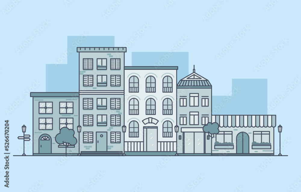 Street line vector illustration background. City street with houses, street lights and trees. business travel and tourism concept with modern buildings image