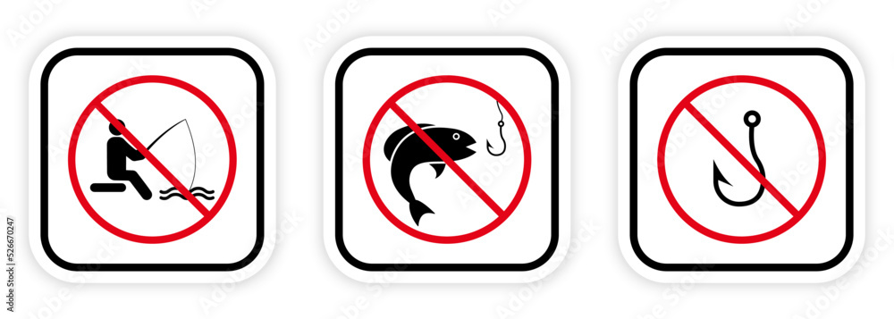 Forbidden Fishing Hook Fish Black Silhouette Icon Set. Fisherman Red Stop Circle Symbol. No Allowed Catch Fish in Lake Sign. Fisher Man Prohibited. Ban Fishing Pictogram. Isolated Vector Illustration Forbidden Fishing Hook Fish Black Silhouette Icon Set. Fisherman Red Stop Circle Symbol. No Allowed Catch Fish in Lake Sign. Fisher Man Prohibited. Ban Fishing Pictogram. Isolated Vector Illustration
