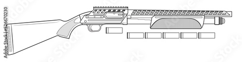 Vector illustration of the tactical pump-action shotgun with picattiny rails and cartridges on a white background