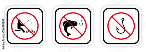 Forbidden Fishing Hook Fish Black Silhouette Icon Set. Fisherman Red Stop Circle Symbol. No Allowed Catch Fish in Lake Sign. Fisher Man Prohibited. Ban Fishing Pictogram. Isolated Vector Illustration