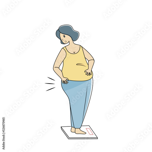 Problems Weight gain and obesity a larger body shape,plump woman with a belly stands worry about her weight and her buttocks on the scale,Vector illustration.