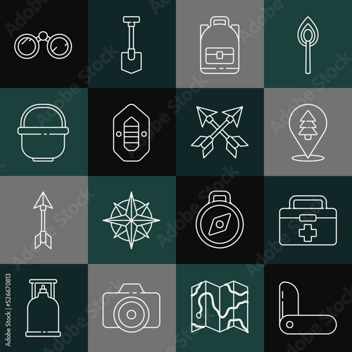 Set line Swiss army knife, First aid kit, Location of the forest, Hiking backpack, Rafting boat, Camping pot, Binoculars and Crossed arrows icon. Vector