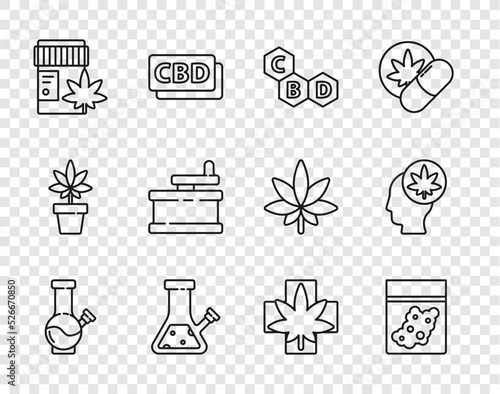 Set line Glass bong for smoking marijuana, Plastic bag of cannabis, Cannabis molecule, Medical bottle with, Manual grinder, leaf and Head icon. Vector