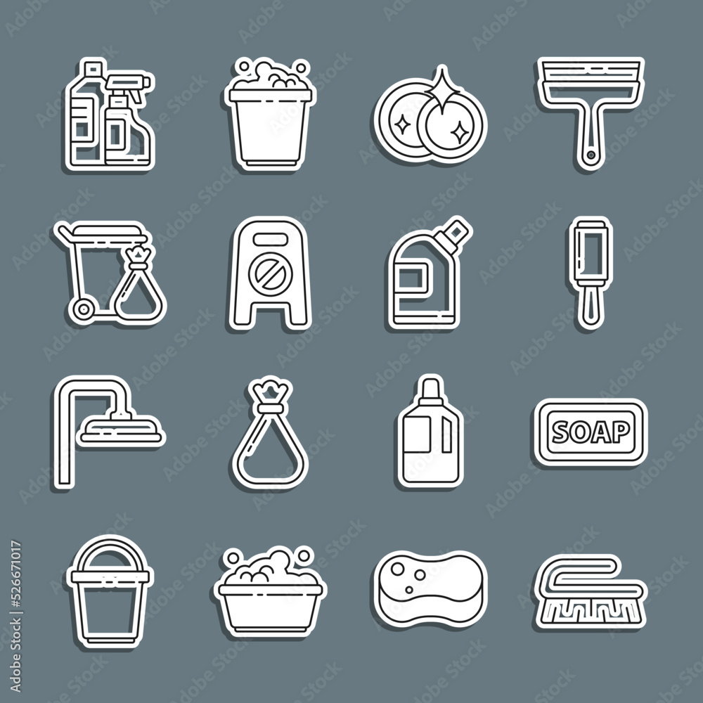 Set line Brush for cleaning, Bar of soap, Adhesive roller, Washing dishes, Wet floor and progress, Trash can garbage bag, Bottles agent and icon. Vector Set line Brush for cleaning, Bar of soap, Adhesive roller, Washing dishes, Wet floor and progress, Trash can garbage bag, Bottles agent and icon. Vector