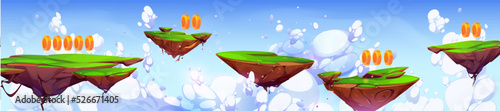 Game level flying island jumping platforms in blue sky with clouds cartoon landscape. Ui design for arcade, green floating land pieces with grass and coins. 2d background, location with bonus assets
