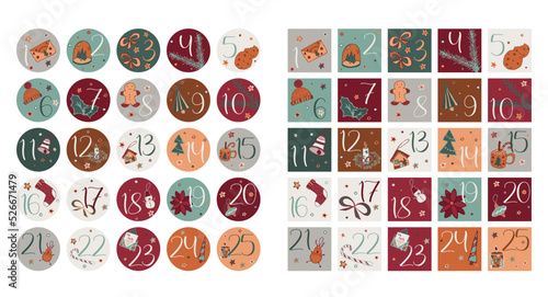How many days until Christmas stickers. 1 to 25 numbers for countdown and gift packaging