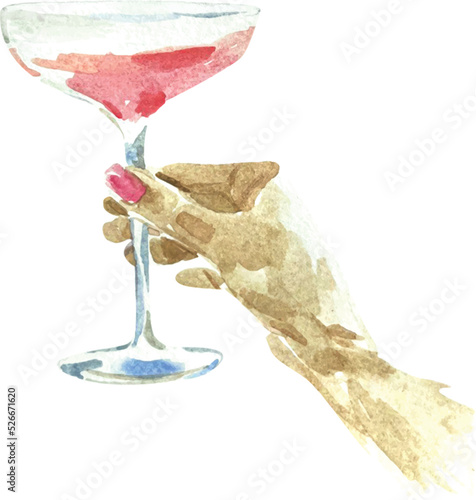 Watercolor illustration of a hand holding a glass of sparkling champagne to celebrate a wedding, anniversary, New Year, Valentine's day, party, event, menu. Drawing of rose, red, white wine, testing.