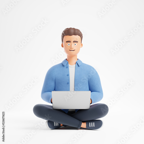 Happy cartoon character student man casual blue shirt seat lotus yoga pose work laptop isolated over white background.