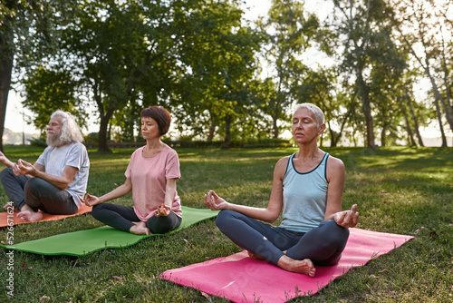 Elderly european people meditate and practice yoga