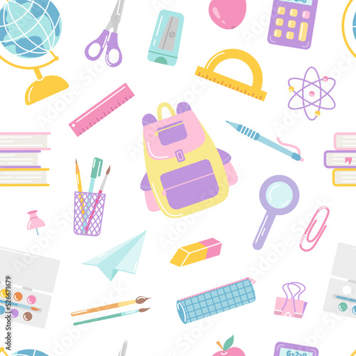 Student s school items  vector seamless pattern on white background  back to school