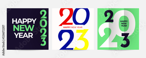 Creative concept of 2023 Happy New Year posters set. Design templates with typography logo 2023 for celebration and season decoration. Minimalistic trendy backgrounds for branding, banner, cover, card