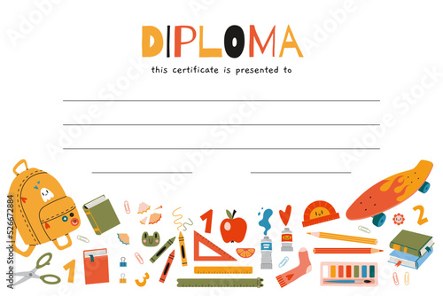 School diploma certificate for children and students with stationery and art supplies, cartoon style. Background with place for text. Trendy modern vector illustration, hand drawn, flat