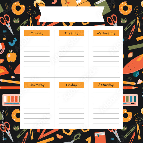 Cute weekly planner background template with school stationery and art supplies, cartoon style. Back to school. Trendy modern vector illustration, hand drawn, flat