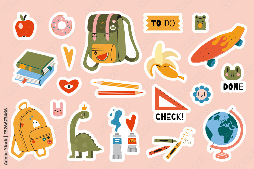 Set of stickers for planner and diaries, vector flat illustration. Cute  sticker pack with school stationery and art supplies, cartoon image and  trendy lettering. Decorations for notebook, flat Stock Vector
