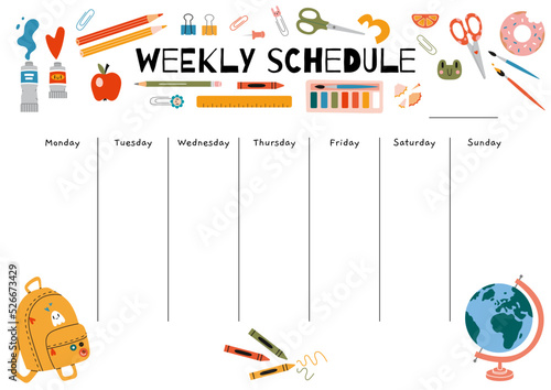 Cute weekly schedule template with school stationery and art supplies, cartoon style. Printable A4 paper for bullet journal page. Trendy modern vector illustration, hand drawn, flat