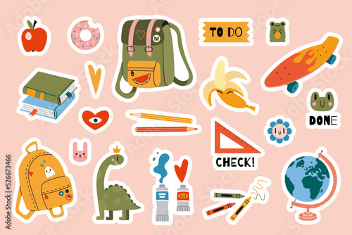 Set of  stickers for planner and diaries, vector flat illustration. Cute sticker pack with school stationery and art supplies, cartoon image and trendy lettering. Decorations for notebook, flat