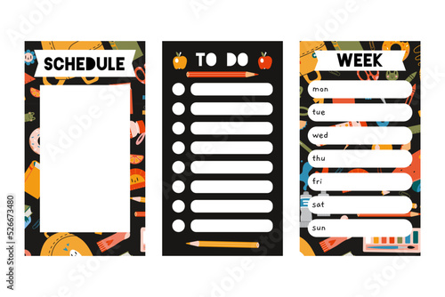 Trendy editable weekly planner, schedule and to do list, school theme. Vector illustration, cartoon style. Templates for Instagram stories, bullet journal page. Backgrounds for social media.