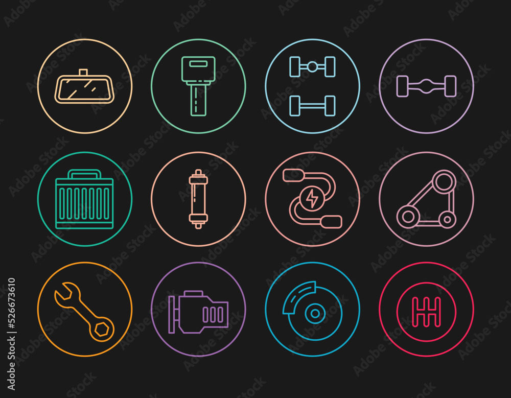 Set line Gear shifter, Timing belt kit, Chassis car, Shock absorber, Car radiator cooling system, mirror, battery jumper power cable and key with remote icon. Vector Set line Gear shifter, Timing belt kit, Chassis car, Shock absorber, Car radiator cooling system, mirror, battery jumper power cable and key with remote icon. Vector