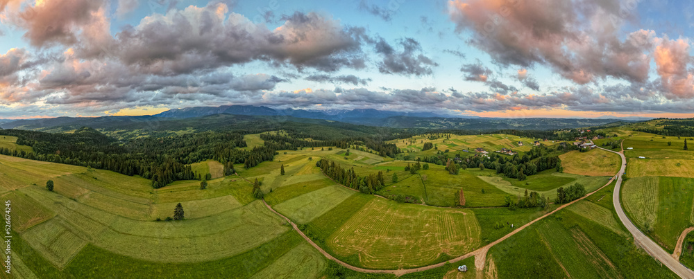 Mountains landscape at summer in Podhale region in Poland. Drone panorama