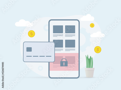 Paid Online content available only after payment concept. Pay after reading member subscriptions service. Smartphone screen with a closed website section and bank card to pay for access