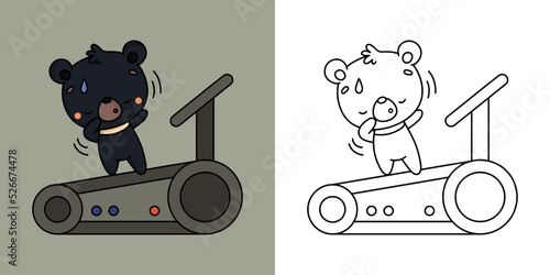 Set Clipart Bear Sportsman Multicolored and Black and White. Kawaii Himalayan Bear Sportsman. Vector Illustration of a Kawaii Animal for Prints for Clothes, Stickers, Baby Shower, Coloring Pages. 